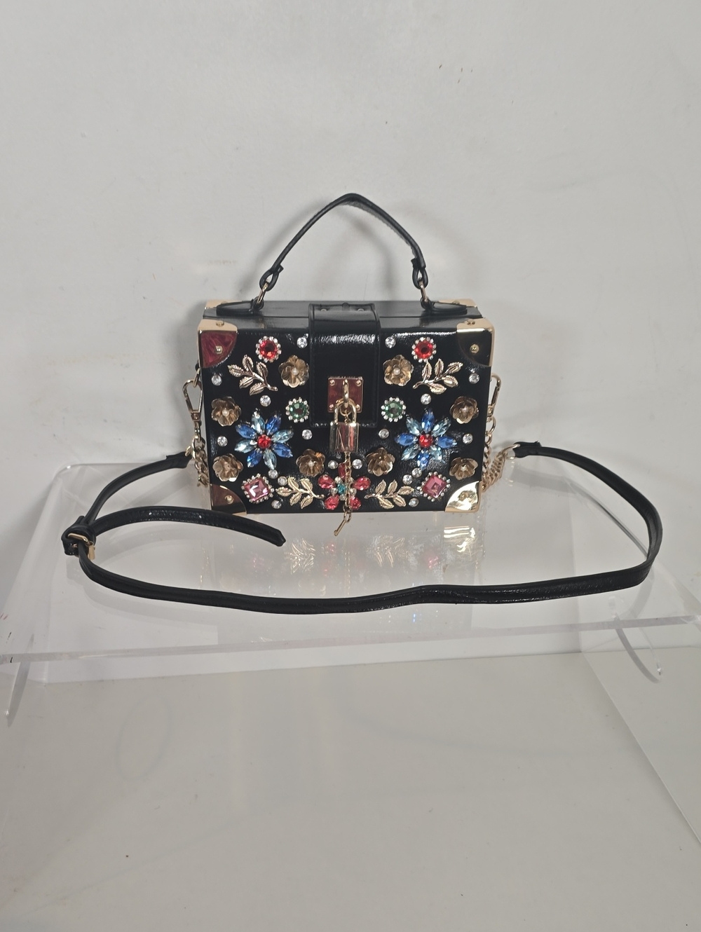 ALDO Embellished Black Floral Jeweled Box Bag - Picture 1 of 7